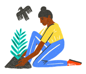 Custom illustration of woman tending to a plant for Pasa 2023 Sustainable Agriculture Conference.